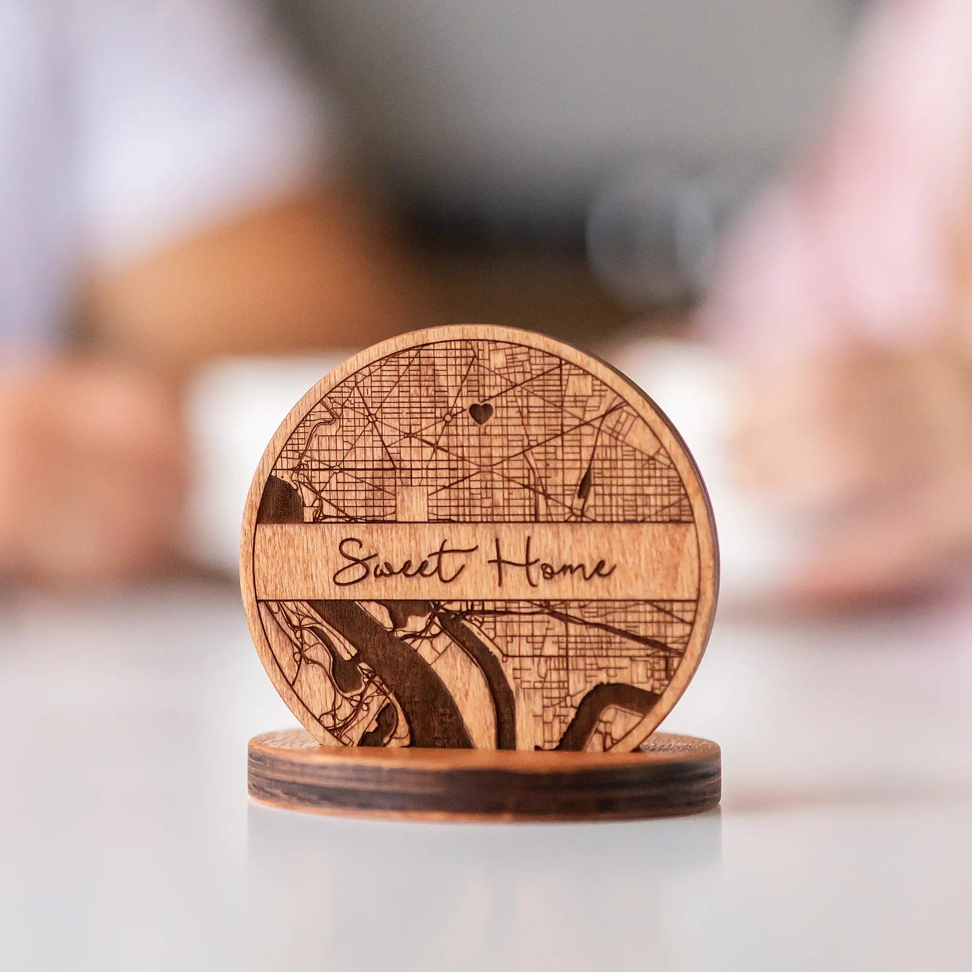 Engraved wooden coasters personalized gift set with custom city map design and matching holder