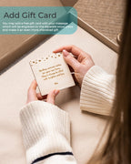Person holding a gift card with text overlay about adding a free engraved message card.