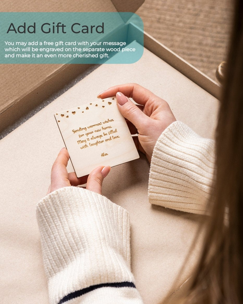 Person holding a gift card with text overlay about adding a free engraved message card.