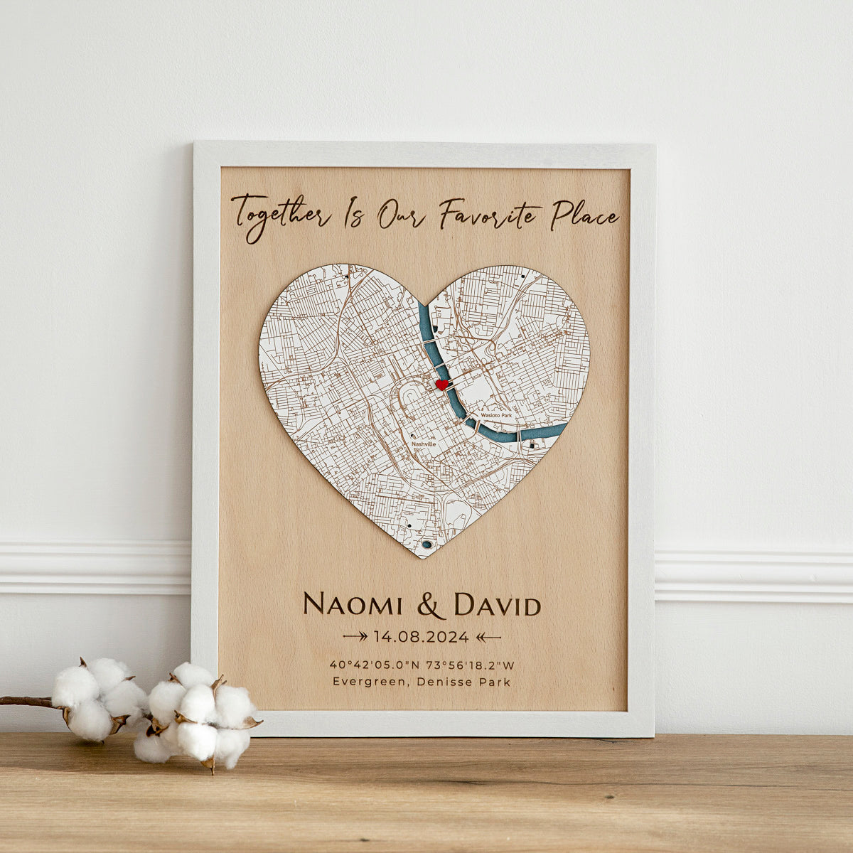 Personalized 5th anniversary gift for wife, custom 3D wooden map in heart shape with oak frame.