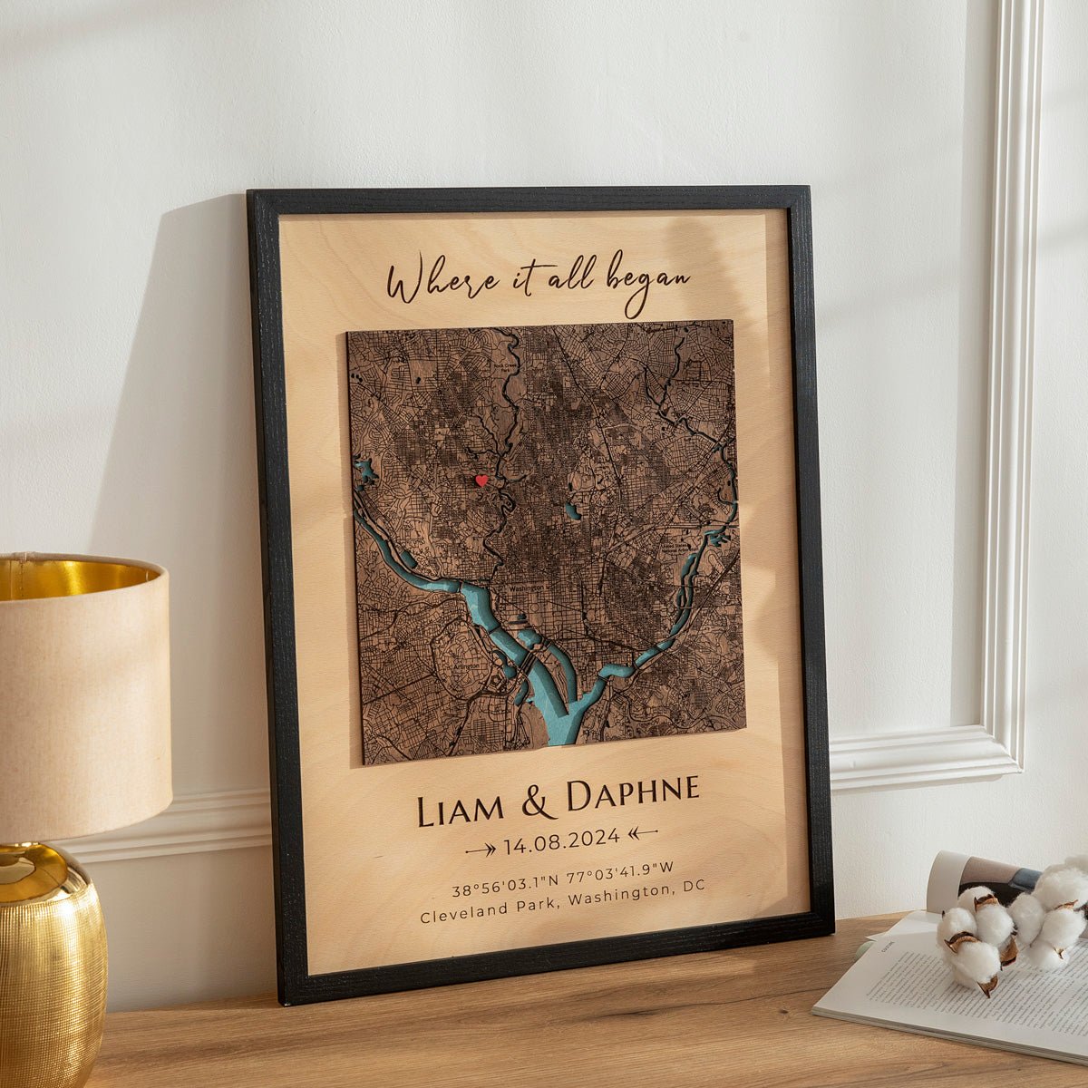 Personalized where it all began map in oak frame with custom coordinates