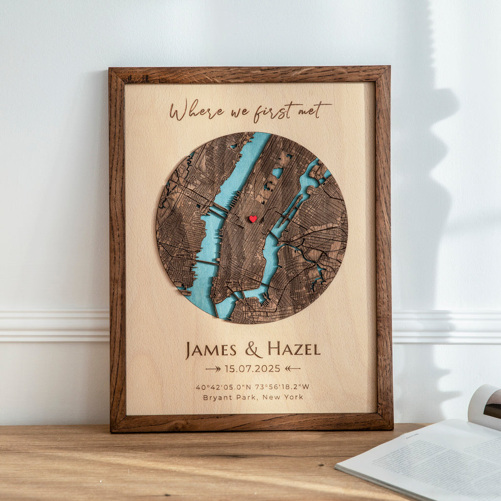 3D personalized Where We First Met wooden map in solid oak frame with custom coordinates