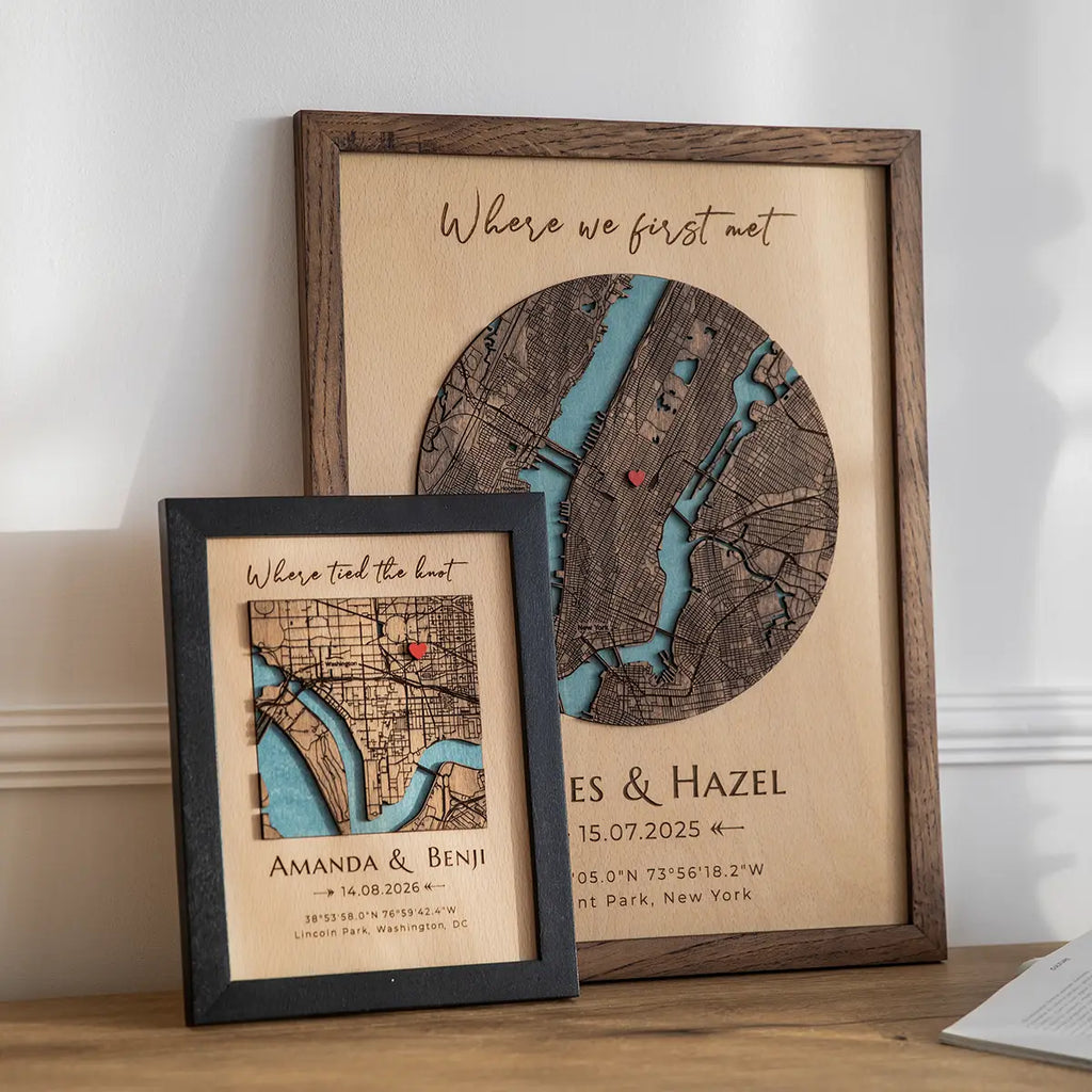 Two personalized wood map frames in different sizes showing a custom location map with “Where we first met” text, names, and date.