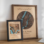 Two personalized wood map frames in different sizes showing a custom location map with “Where we first met” text, names, and date.