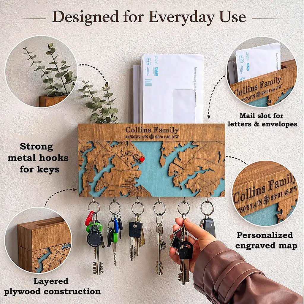 Personalized wooden key holder with shelf featuring strong metal hooks, mail slot and engraved map design entryway organizer