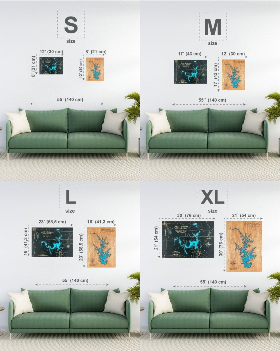 Green sofa with size chart on a white background
