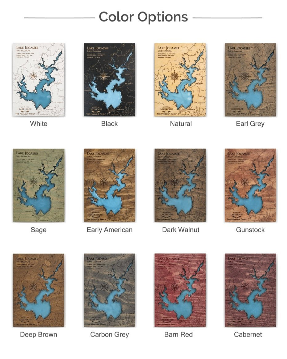 Color options for a decorative item with a map design on a wooden background.