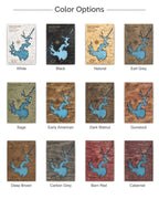 Color options for a decorative item with a map design on a wooden background.
