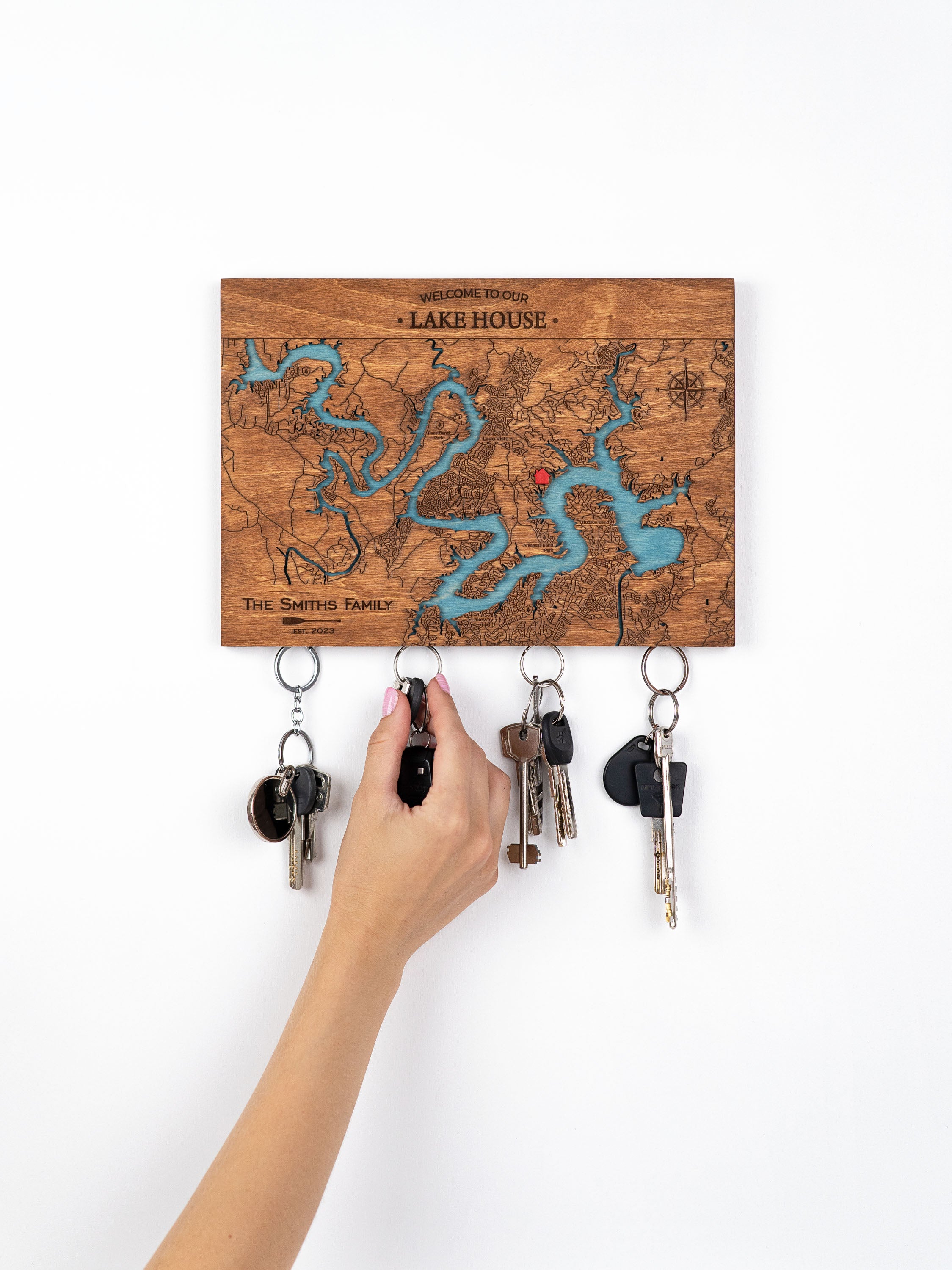 Wooden Carved and Colored Lake Key Chain for Lake House Wall Mounted by Hand Hanging Keys on Magnetic Holder