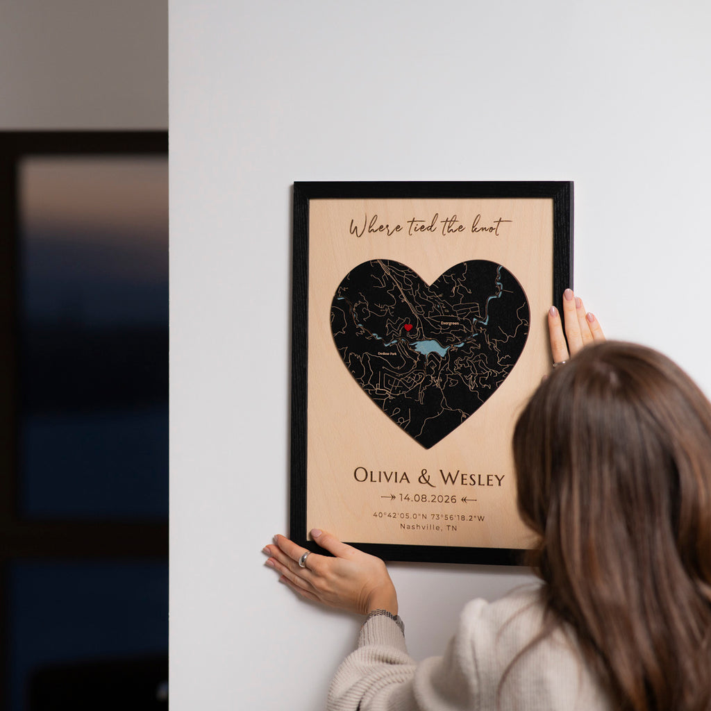 Large 3D wooden wedding map to hang on the wall, with individual coordinates, names, date and black oak frame.