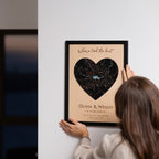 Large 3D wooden wedding map to hang on the wall, with individual coordinates, names, date and black oak frame.