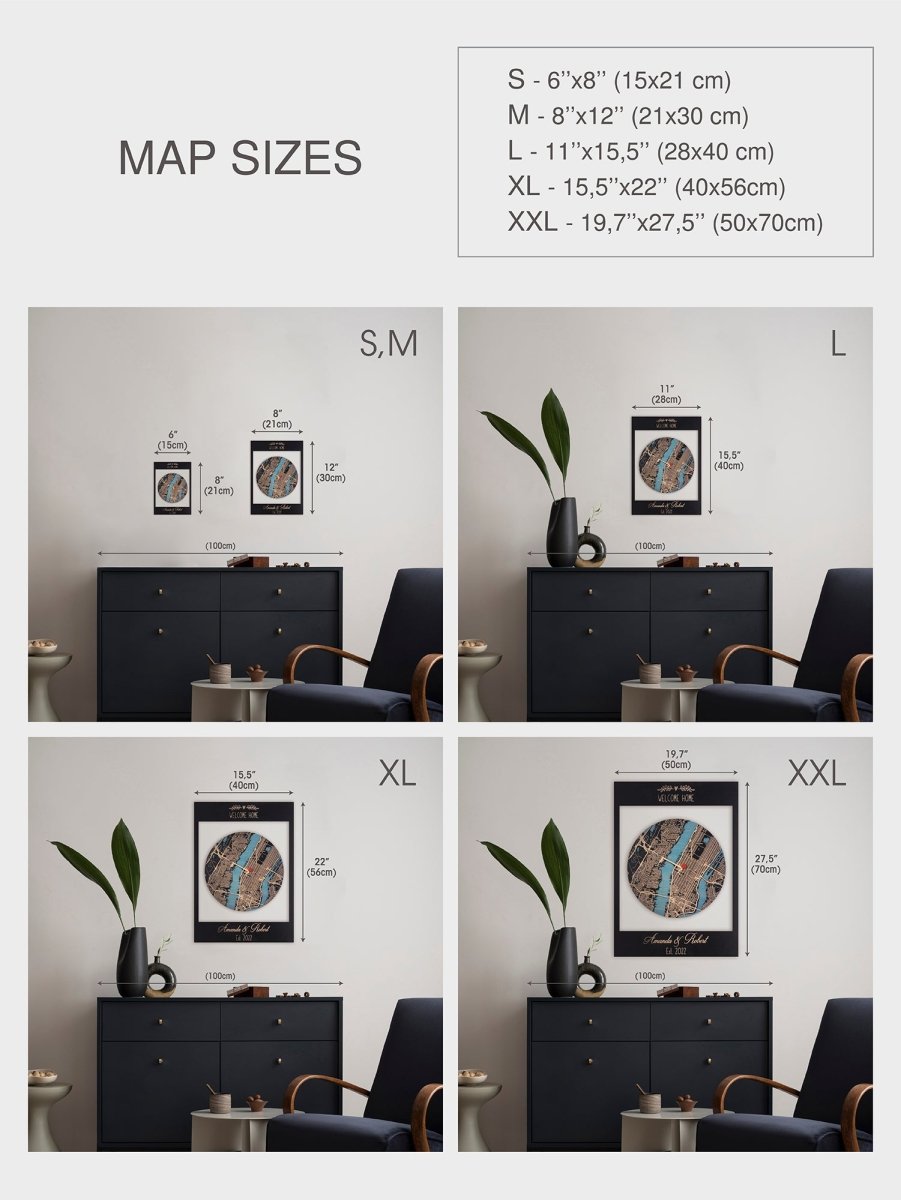 Map sizes displayed with corresponding dimensions on a wall setting.
