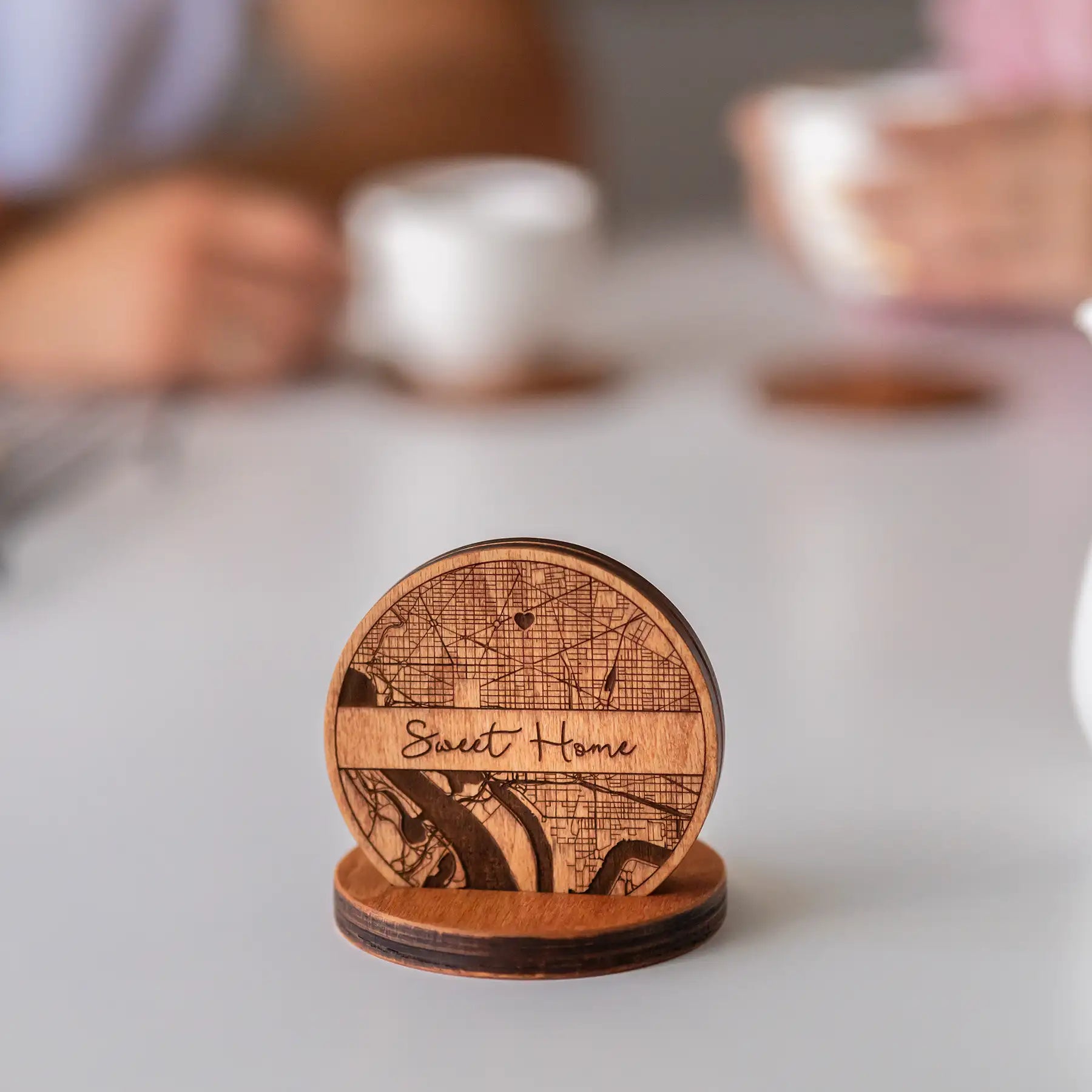 Personalized map coasters gift set with engraved wood design for couples and first home celebrations