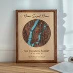 Framed personalized new home gift with custom address map, solid oak frame, Home Sweet Home text, circular New York map design, heart location pin, and family name.