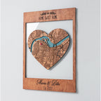 Angled view of Personalized New Home Map wooden keepsake with heart city map and custom Home Sweet Home frame