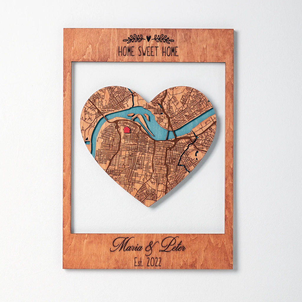 Personalized New Home Map wooden keepsake with heart-shaped city map, Home Sweet Home text, and custom names on wall