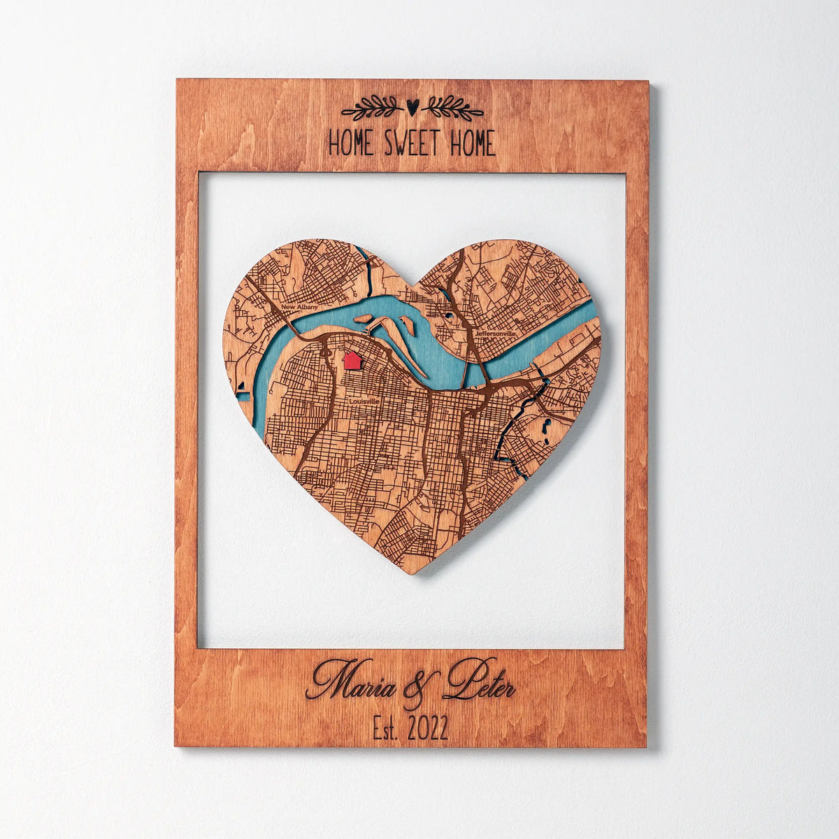 Personalized New Home Map wooden keepsake with heart-shaped city map, Home Sweet Home text, and custom names on wall