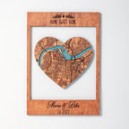 Personalized New Home Map wooden keepsake with heart-shaped city map, Home Sweet Home text, and custom names on wall