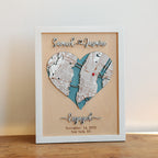 Personalized wedding anniversary gift for couples with heart-shaped 3D wooden New York location map, raised laser-cut names, engagement date, and white oak frame.