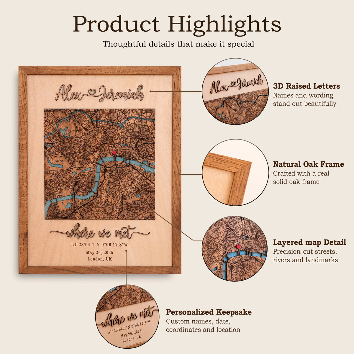 Product highlights infographic for personalized wooden map wall art featuring 3D raised letters, natural oak frame, layered map detail, and personalized names, date, coordinates, and location.