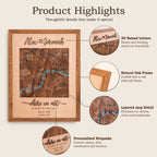 Product highlights infographic for personalized wooden map wall art featuring 3D raised letters, natural oak frame, layered map detail, and personalized names, date, coordinates, and location.