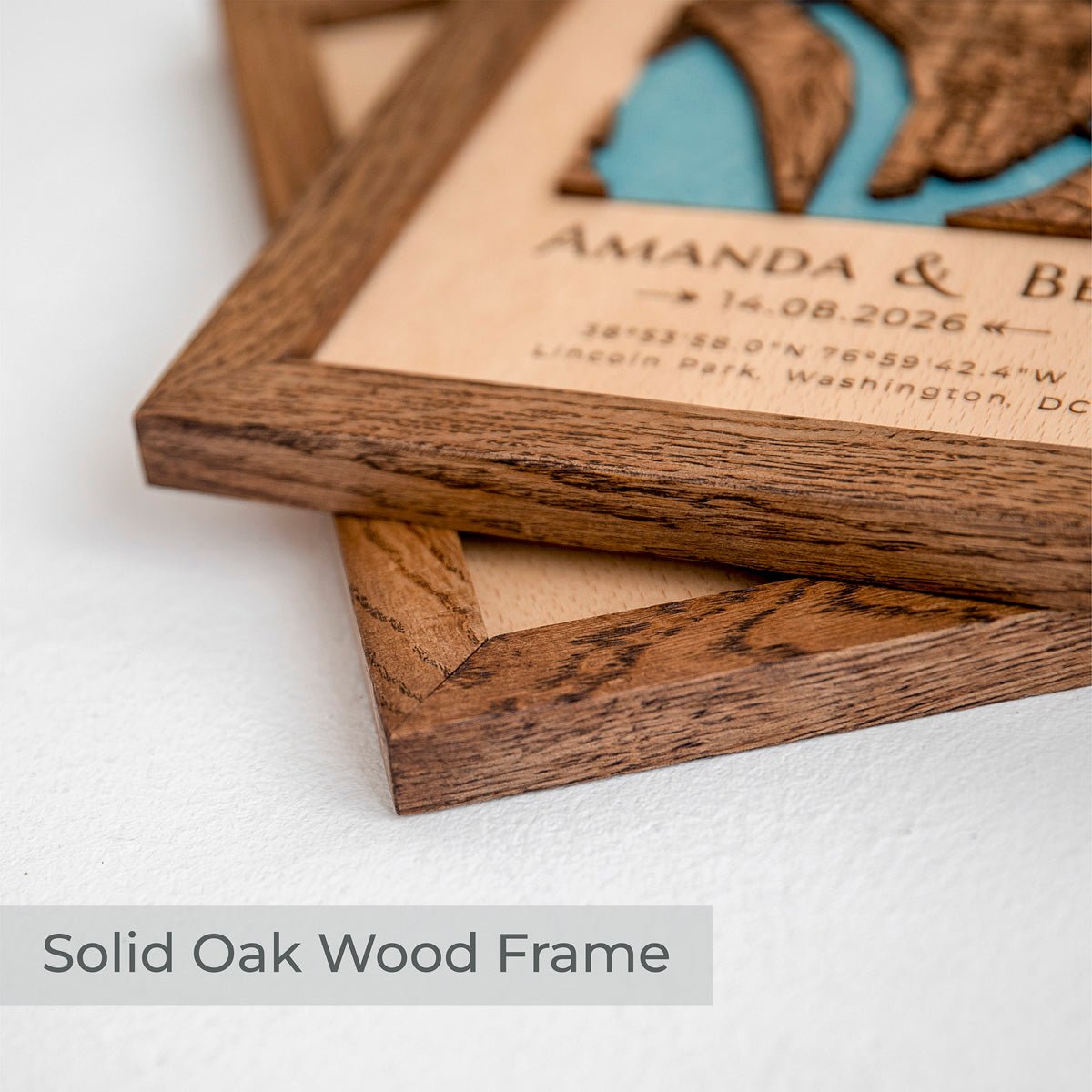 Real solid oak wood frame for personalized layered wooden map