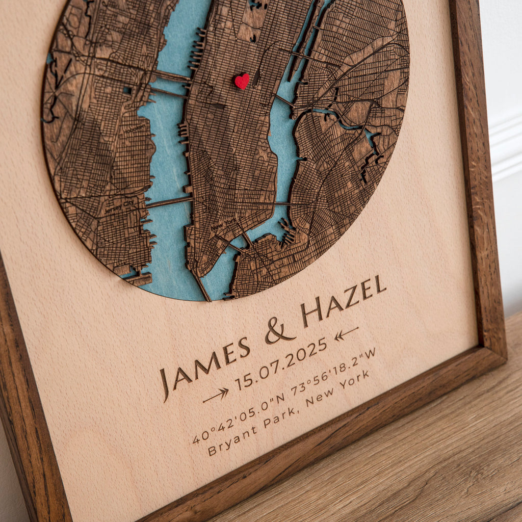 Close up of layered 3D wooden map showing detailed city streets and custom location pin