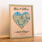Personalized heart-shaped wooden anniversary map in sage frame with custom New Orleans location, raised names, date, and Where It All Began wording.