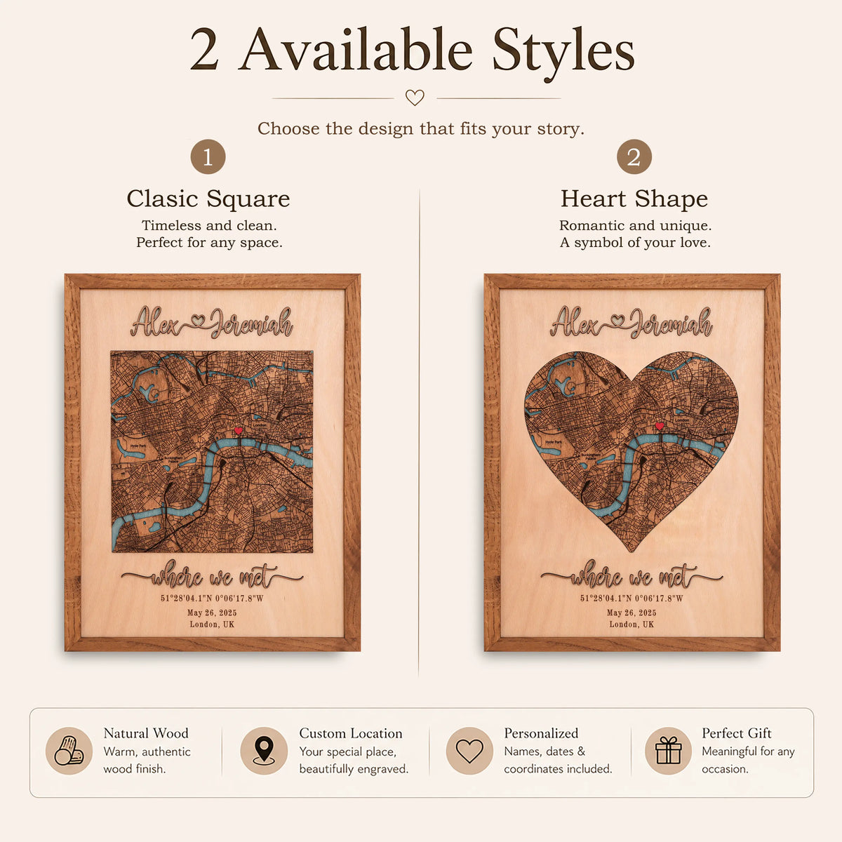 Comparison infographic showing two available styles of personalized wooden map art: Classic Square and Heart Shape, with custom location, names, dates, and coordinates.