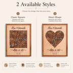 Comparison infographic showing two available styles of personalized wooden map art: Classic Square and Heart Shape, with custom location, names, dates, and coordinates.