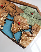 Wooden map cutout with engraved details and red pins on a white background