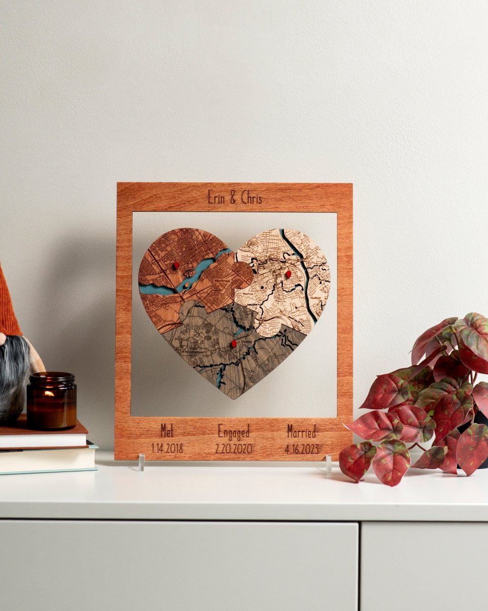 Met Engaged Married Map | 3D Wooden Three Location Gift