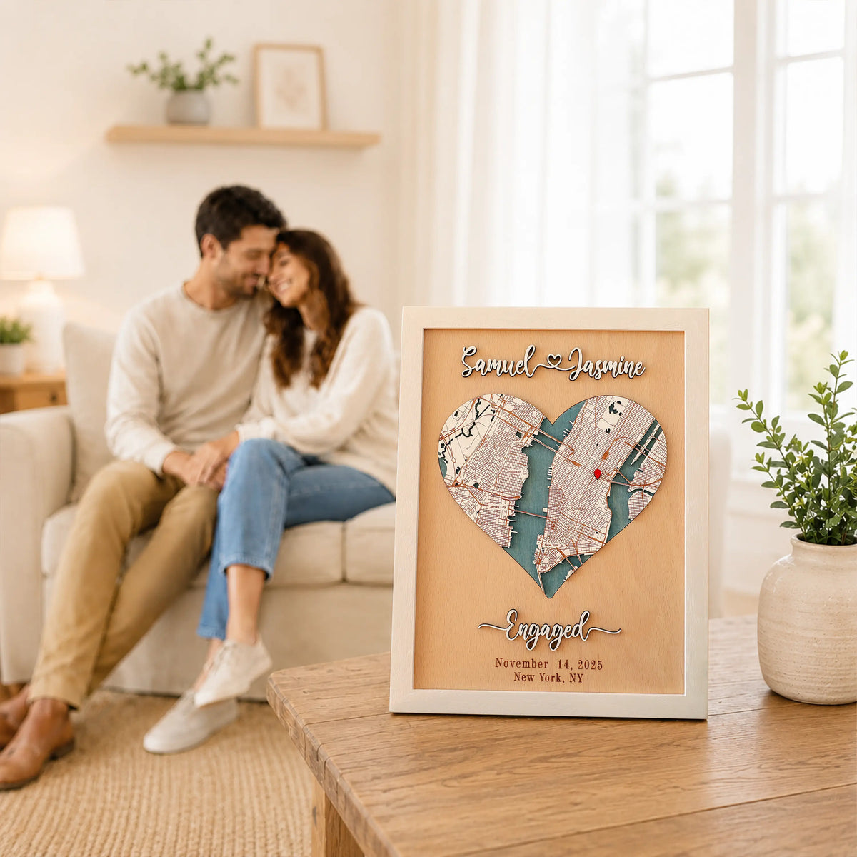 Personalized wedding anniversary gift for couples displayed in a bright living room, featuring a 3D wooden heart map, custom New York location, raised names, and white frame.
