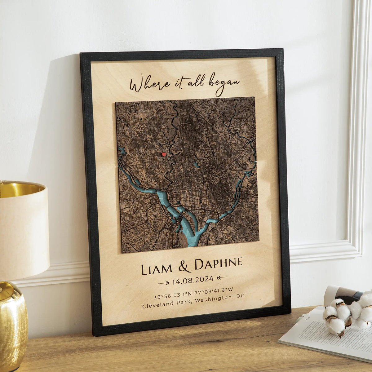 Personalized where it all began map in oak frame with custom coordinates