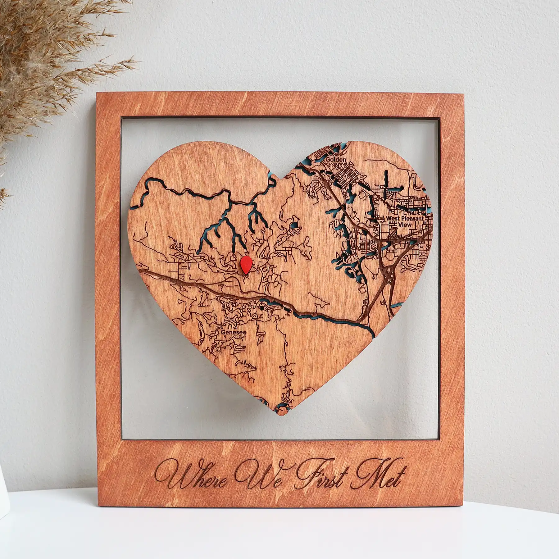Personalized Where We First Met wooden heart map in frame front view