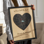 Woman holding personalized 3D wooden wedding wall art with heart map, names, date, and custom coordinates.