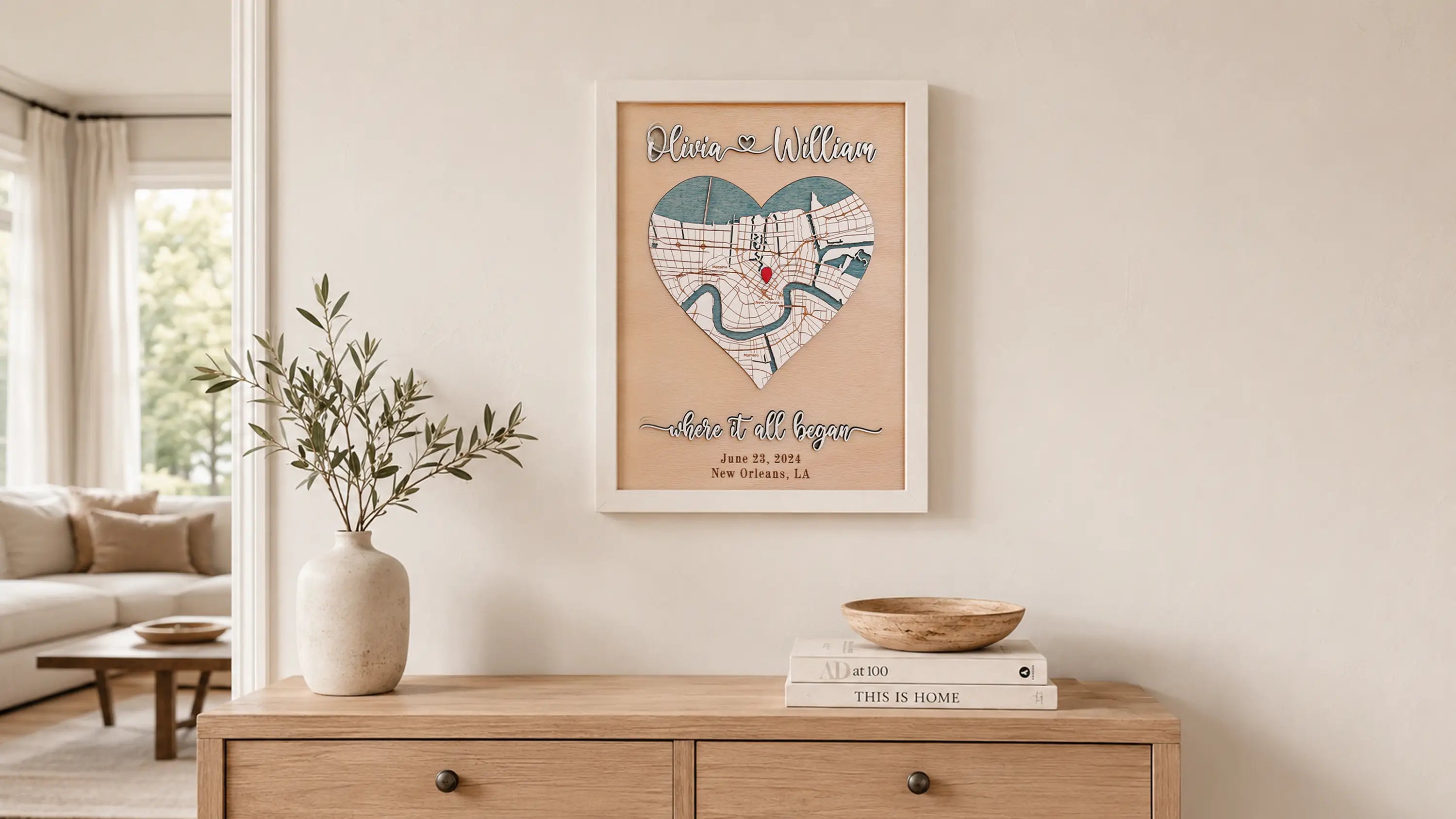 Personalized 3D wooden heart map displayed on a minimalist living room wall above a natural wood console.