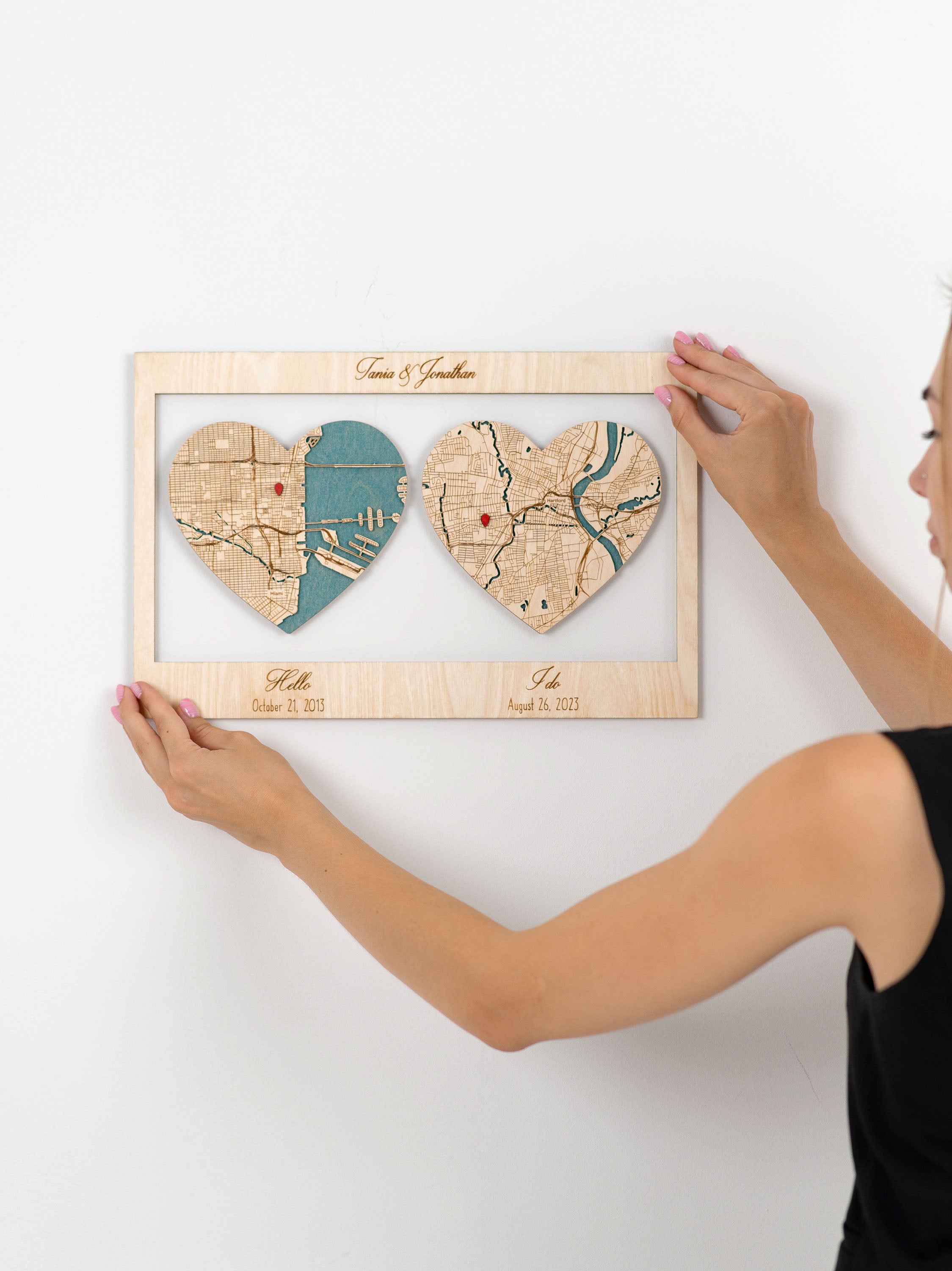 3D Wooden Map for Two Locations Hearts