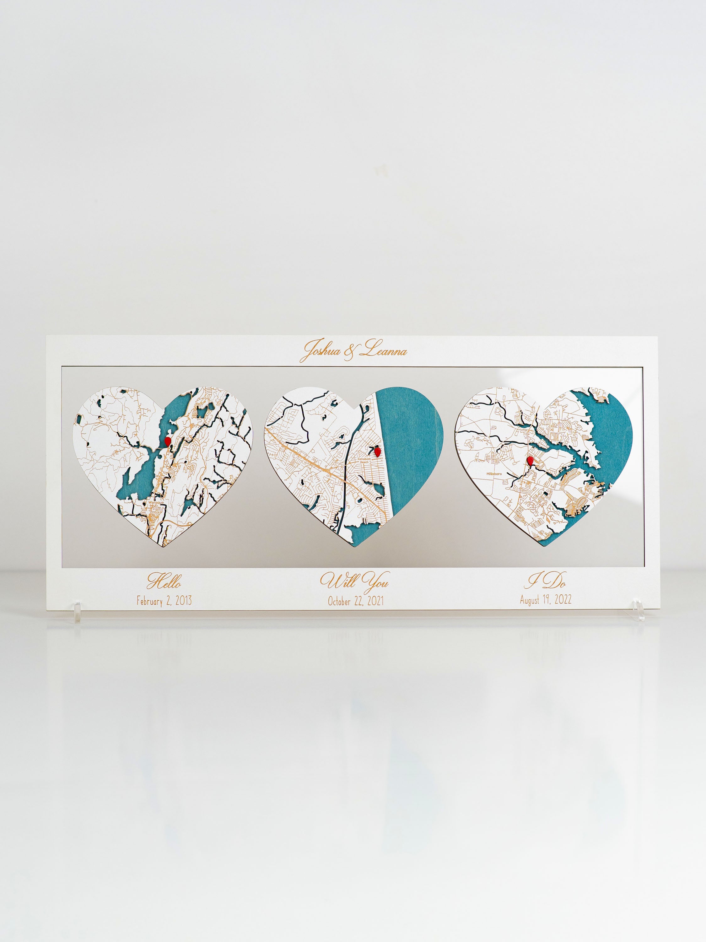 3D Wooden Map for Three Locations Hearts