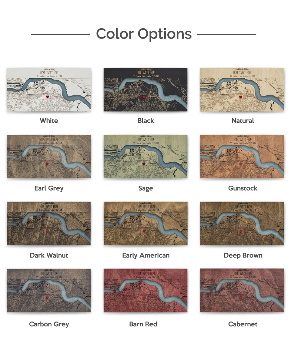 Color options for a map design displayed in a grid.