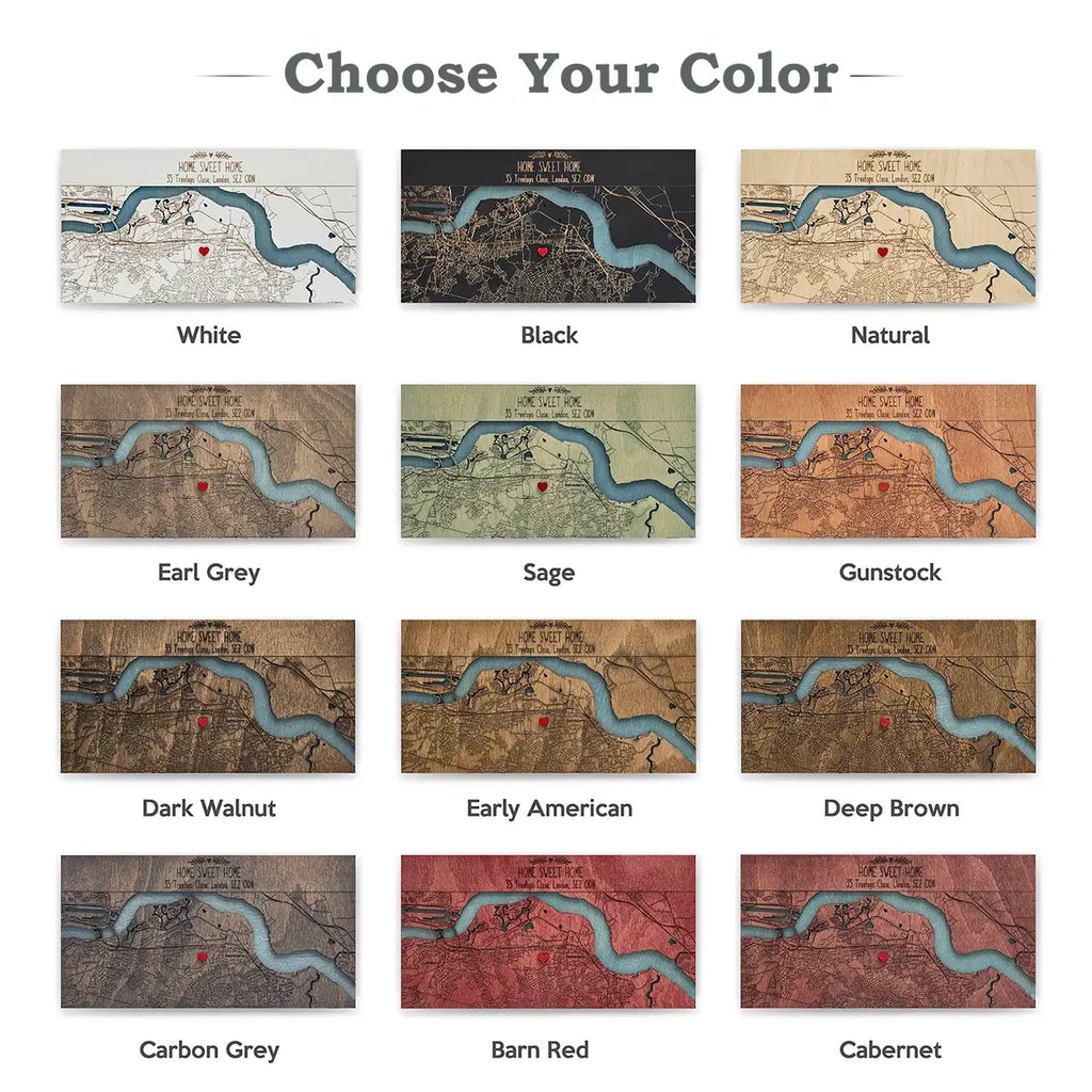 Custom wooden map key holder color options including natural wood, walnut, black, sage and deep brown for personalized wall key holder