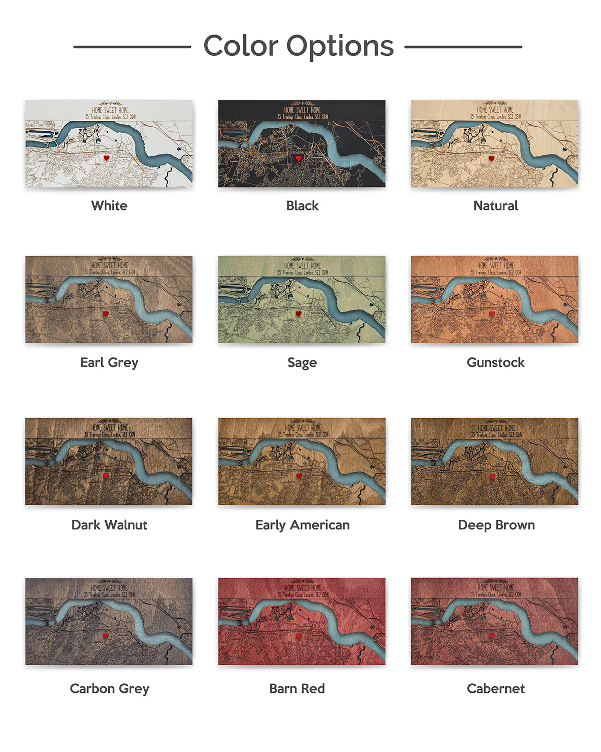 Color options for a map design with various color swatches.