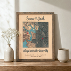 Custom anniversary map in grey oak frame with two meaningful locations, raised lettering, and romantic wording.