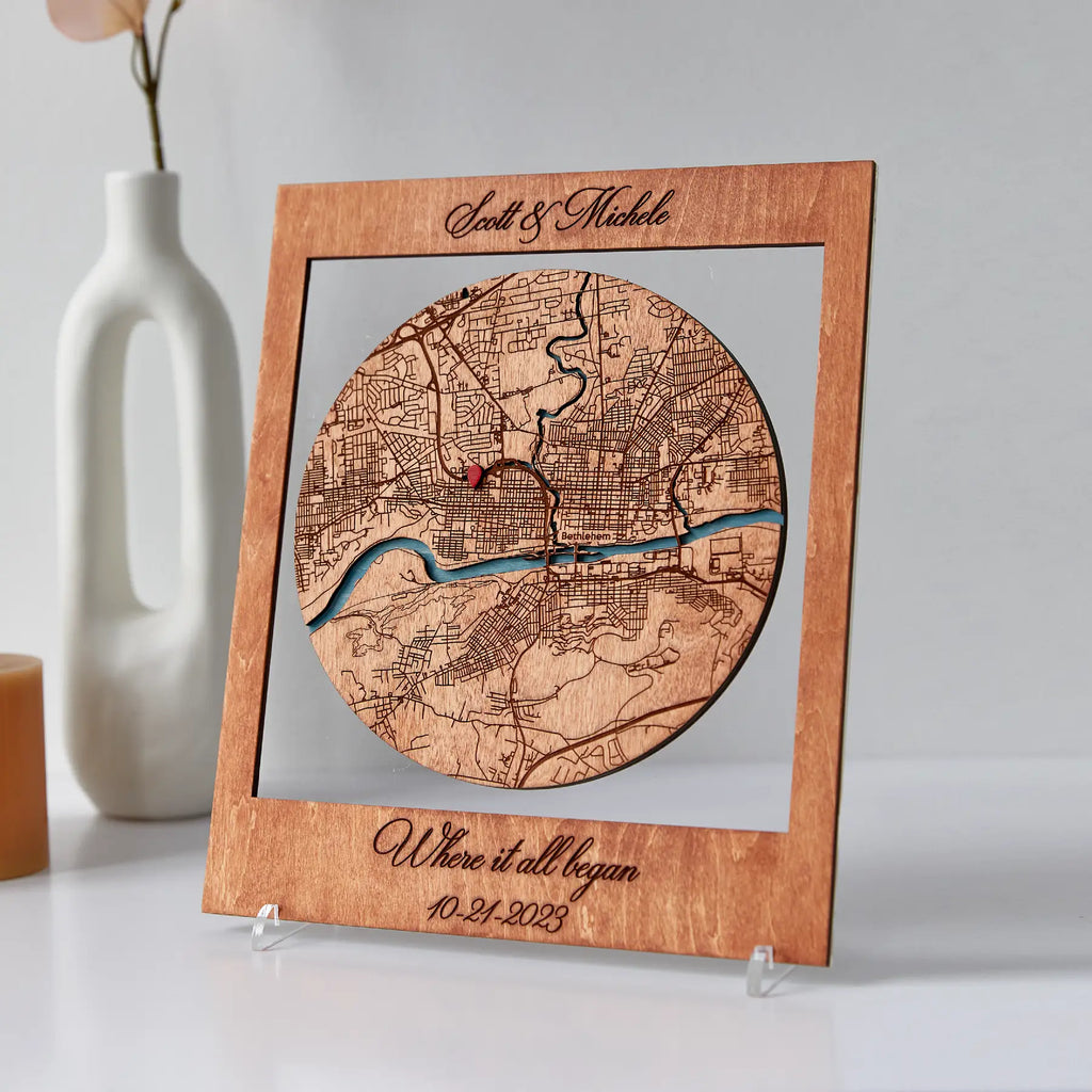 Custom city map gift for couples displayed in wooden frame as Where We Met keepsake