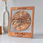 Custom city map gift for couples displayed in wooden frame as Where We Met keepsake