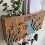 Custom engraved wooden city map key holder with layered plywood design and personalized family coordinates wall key rack