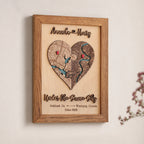 Custom heart map in Early American wood frame with two personalized locations, red pins, and raised wooden lettering.