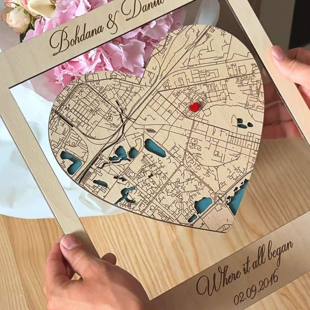 Custom Heart Map Where We Met Map | Personalized 3D Wooden Location Gift