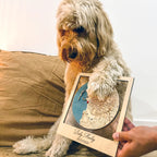 Personalized wooden location map for pet memory or milestone gift displayed with dog