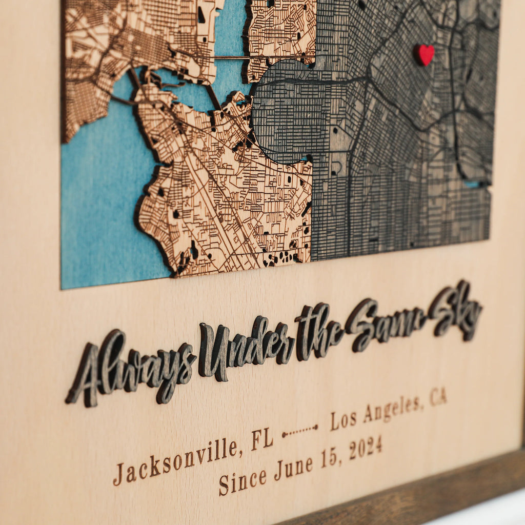 Custom square location map with raised 3D phrase, two personalized cities, date, and layered wooden map detail.